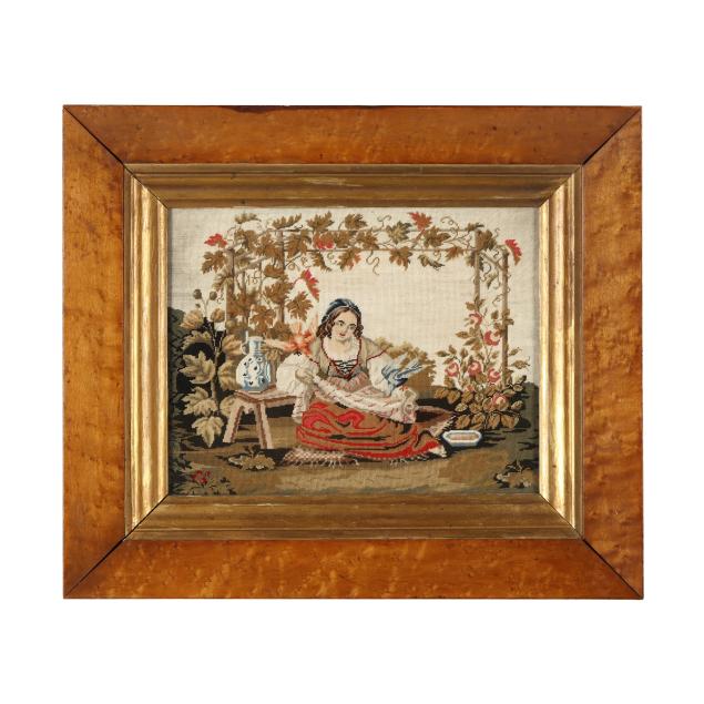 antique-needlepoint-of-girl-feeding-bird