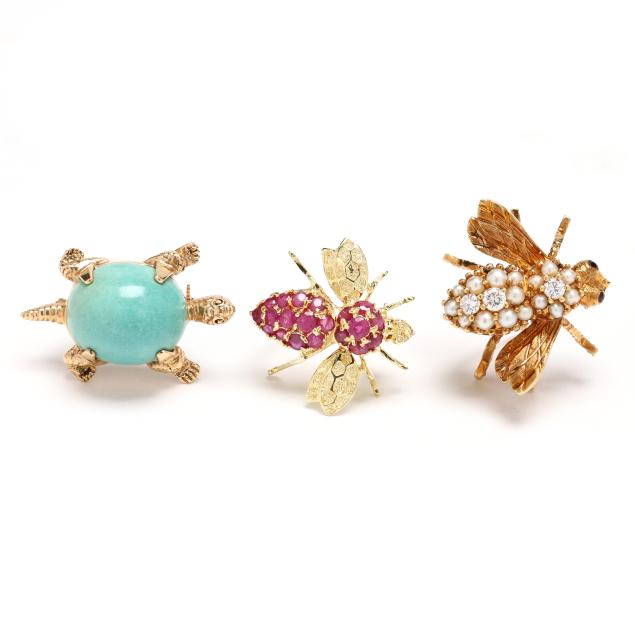 three-whimsical-gold-and-gem-set-brooches