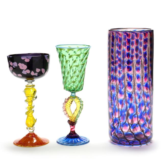 contemporary-art-glass-vase-and-two-goblets-signed