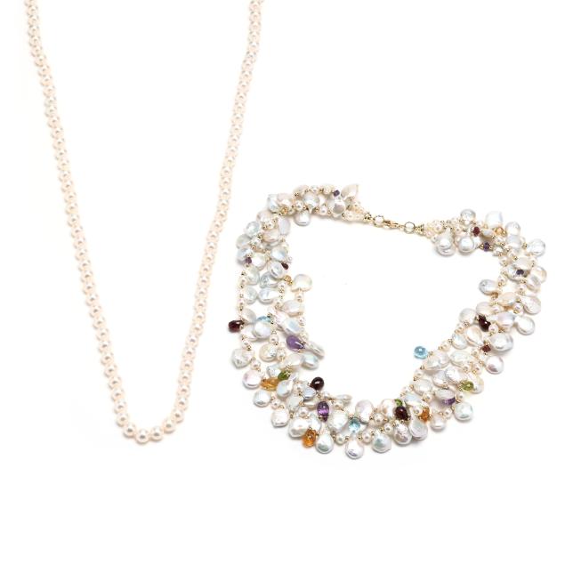 multi-strand-pearl-gemstone-and-gold-necklace-and-an-endless-pearl-necklace