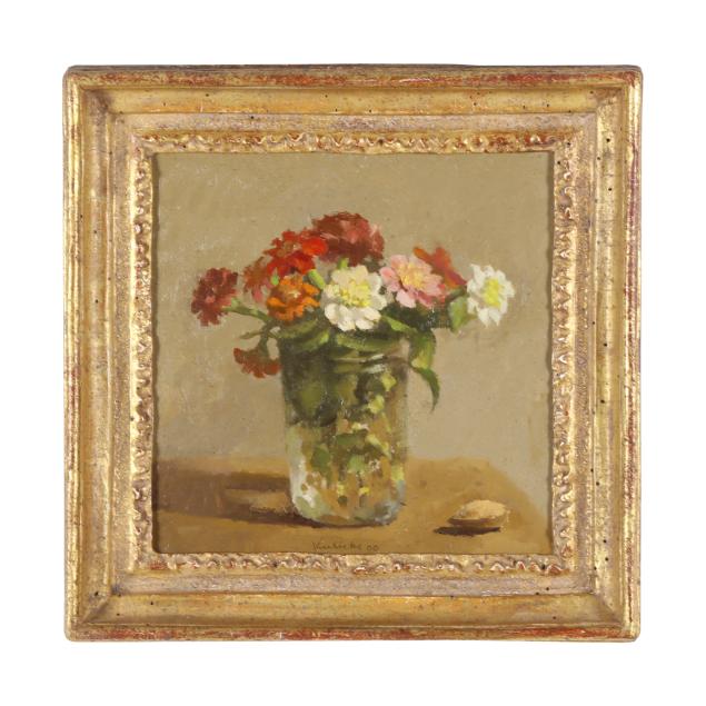 robert-kulicke-american-1924-2007-i-zinnias-in-a-glass-jar-with-an-almond-i