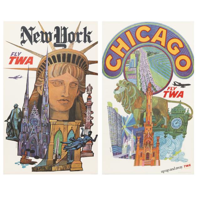 david-klein-american-1918-2005-two-vintage-fly-twa-posters-new-york-and-chicago