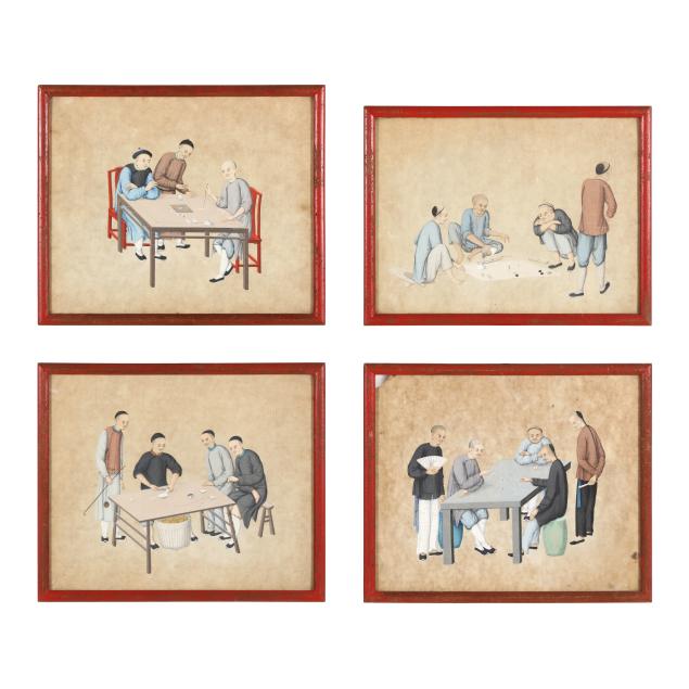 a-set-of-four-export-chinese-paintings-of-men-playing-games