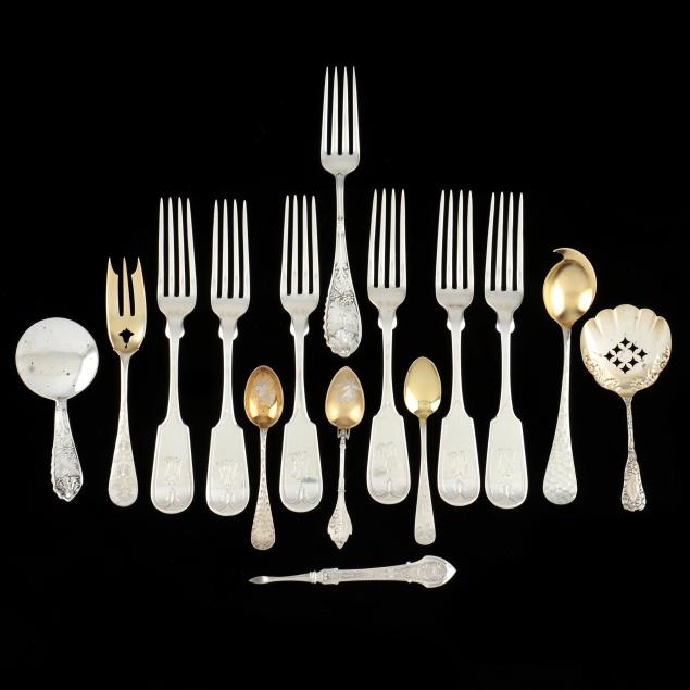 assortment-of-sterling-silver-flatware-by-wood-hughes-unique-patterns