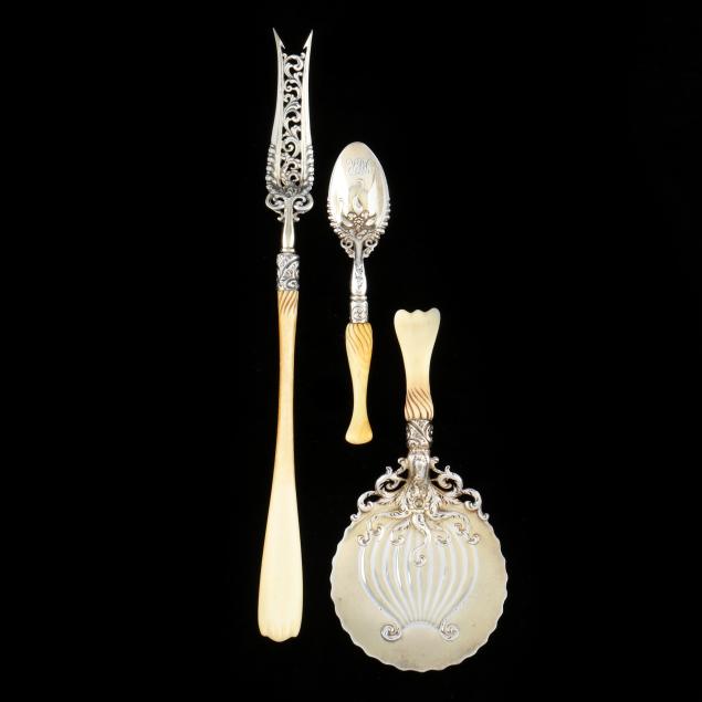 three-antique-whiting-i-ivory-i-sterling-silver-servers