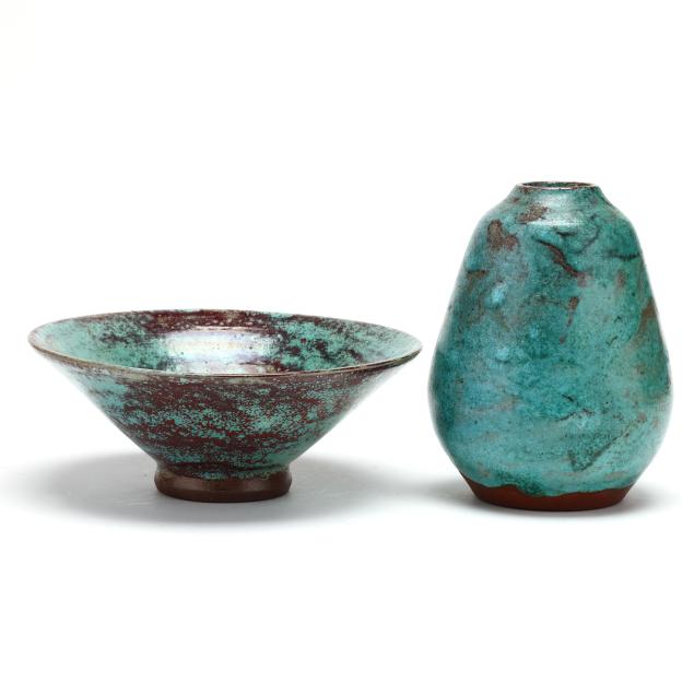 two-jugtown-pottery-chinese-blue-glazed-vessels