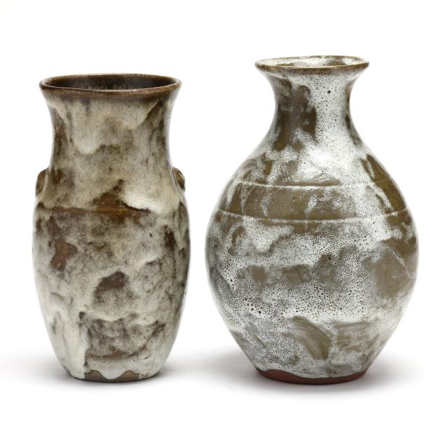 two-jugtown-pottery-black-ankle-glazed-vases