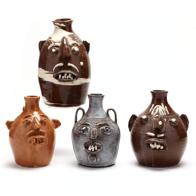 four-pottery-face-jugs-fred-beane-seagrove-nc-old-house-pottery