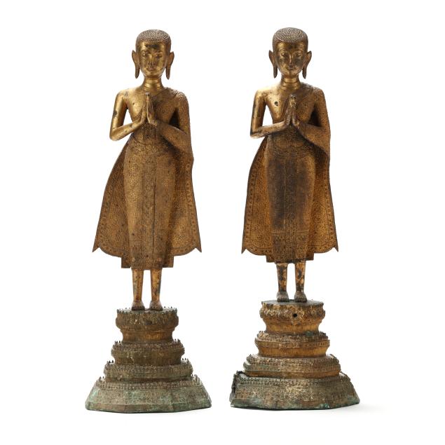 a-very-fine-pair-of-thai-standing-gilt-bronze-buddhist-monks