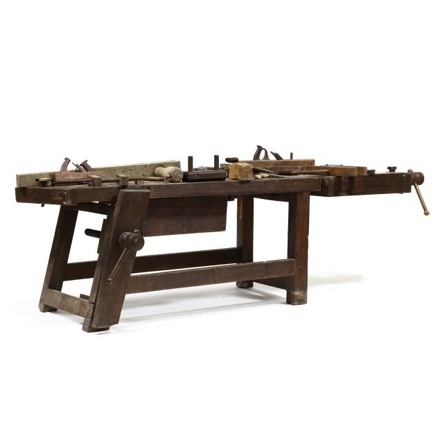 p-a-pug-moore-s-american-1916-2003-antique-cabinetmaker-s-work-bench-and-tools