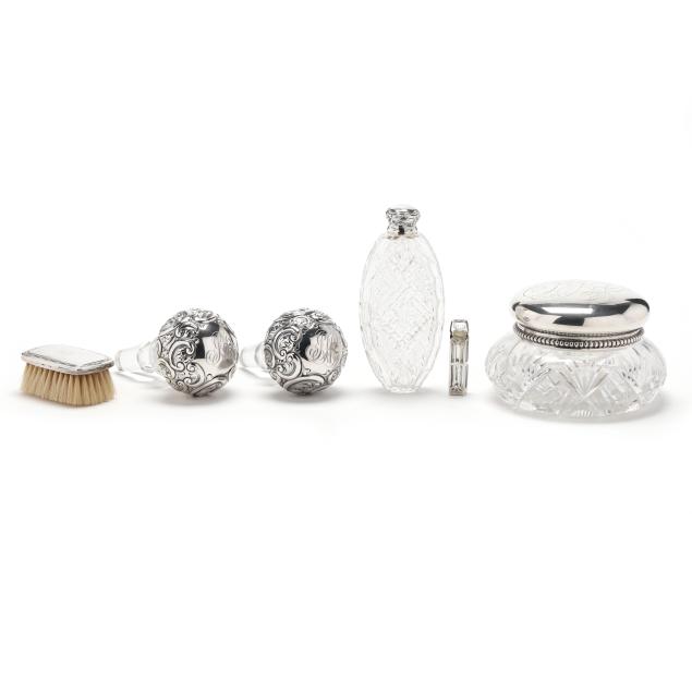 group-of-six-sterling-silver-and-glass-items-including-dressing-pieces