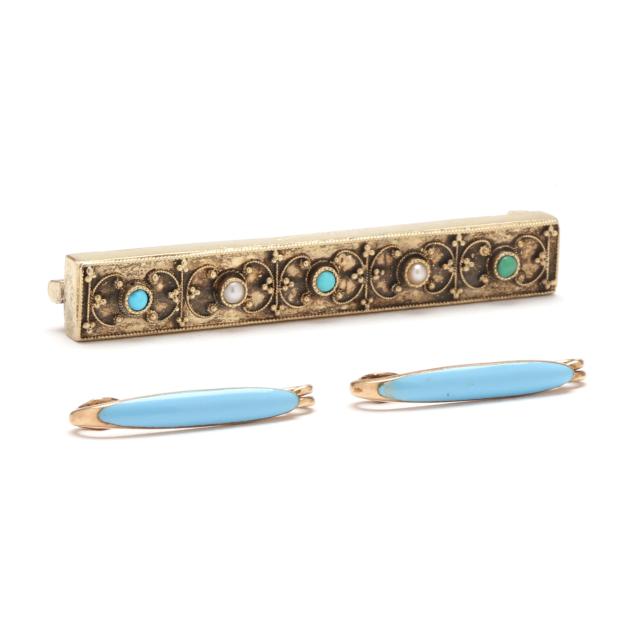 two-gold-and-enamel-bar-brooches-and-a-gold-pearl-and-turquoise-bar-brooch