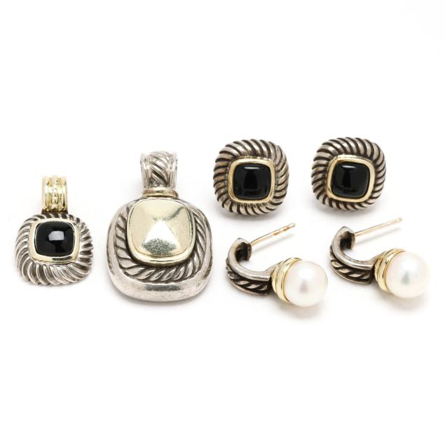 two-pairs-of-sterling-silver-earrings-and-two-sterling-silver-and-gold-pendant-enhancers-david-yurman