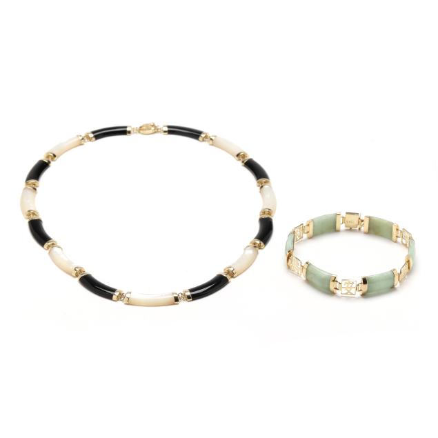 a-gold-and-jadeite-jade-bracelet-and-a-gold-black-onyx-and-mother-of-pearl-necklace