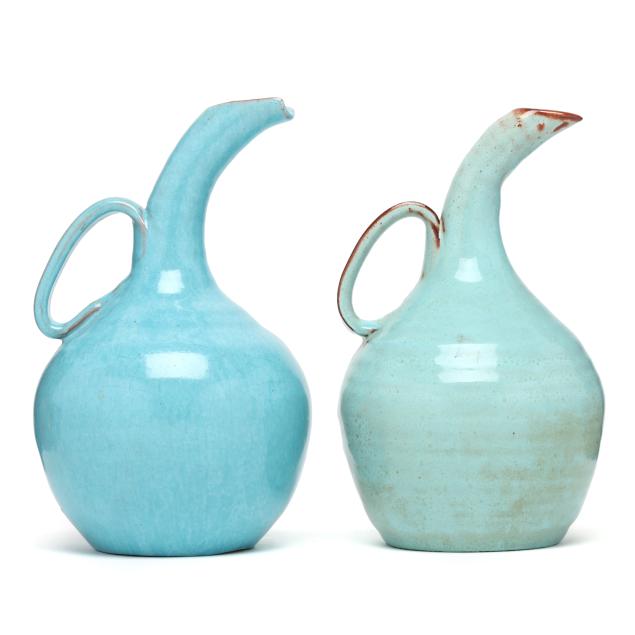 attributed-j-b-cole-pottery-two-elephant-trunk-pitchers