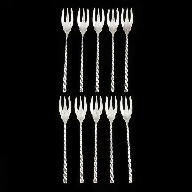 set-of-ten-dominick-haff-sterling-silver-twisted-handle-cocktail-forks