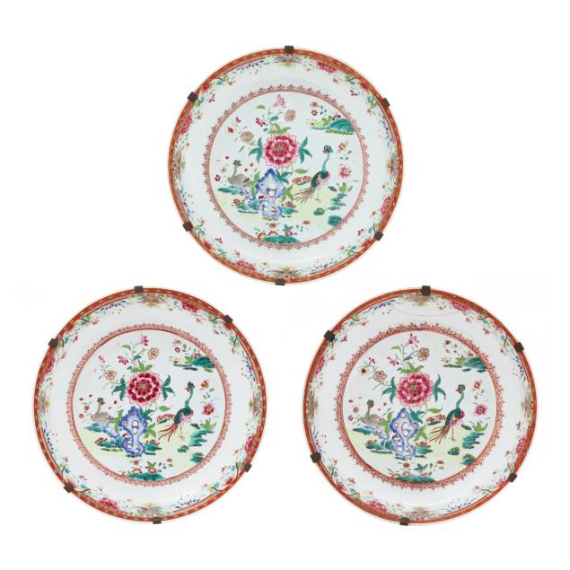 three-chinese-famille-rose-twin-peacock-export-porcelain-dishes