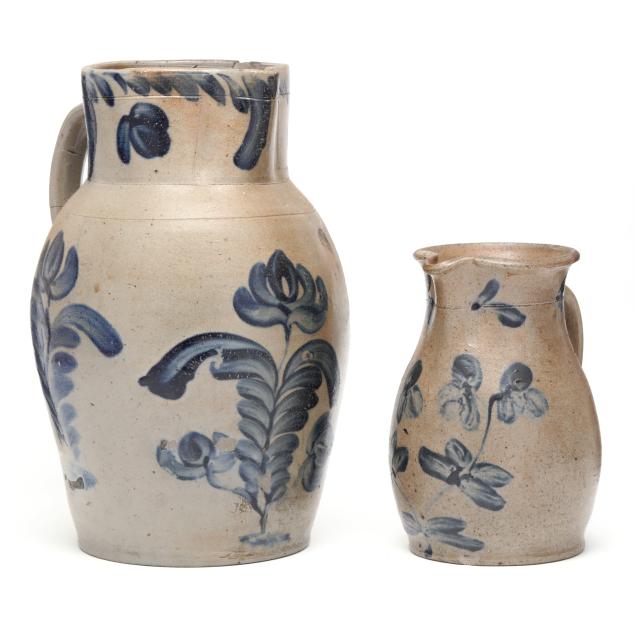 two-american-stoneware-pitchers-with-cobalt-floral-decoration