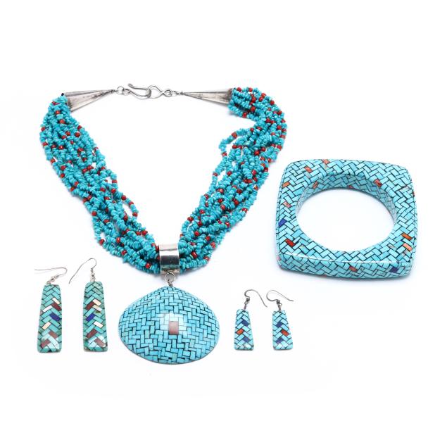 four-pieces-of-southwestern-sterling-silver-turquoise-and-shell-jewelry-att-percy-reano