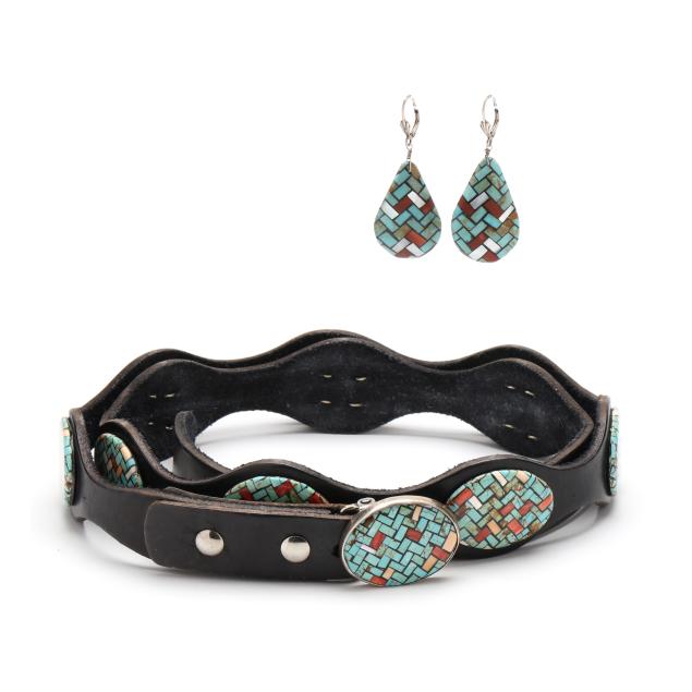 a-turquoise-mosaic-and-leather-belt-and-dangle-earrings-percy-reano