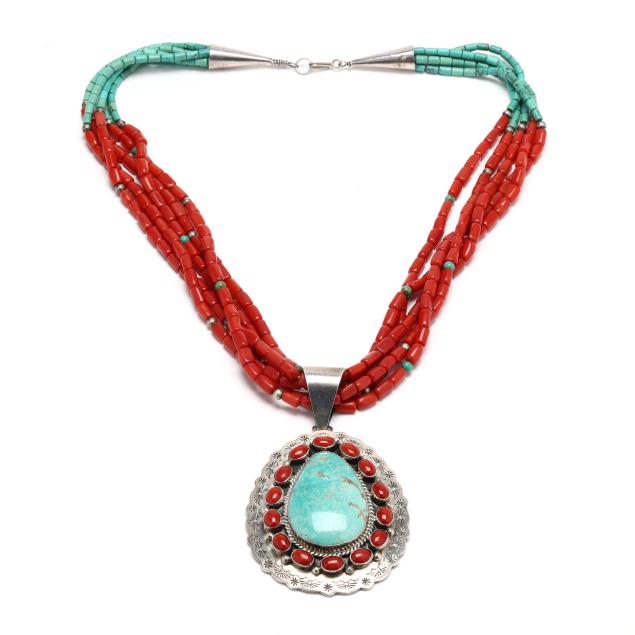 southwestern-sterling-silver-turquoise-and-multi-strand-coral-necklace-and-pendant-t-spencer