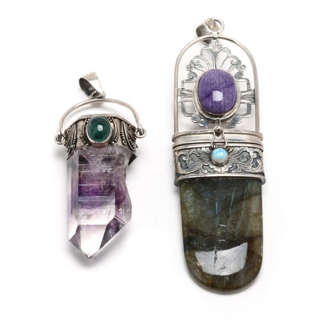 two-silver-rock-crystal-and-gem-set-pendants