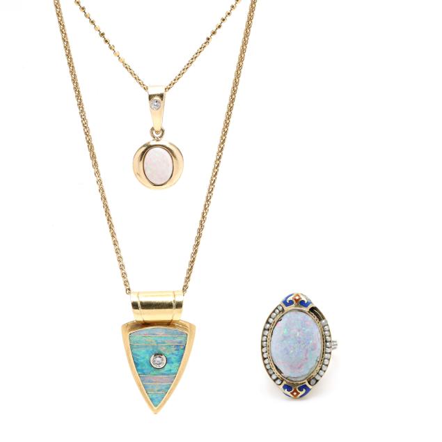 two-gold-opal-and-diamond-pendant-necklaces-and-a-ring