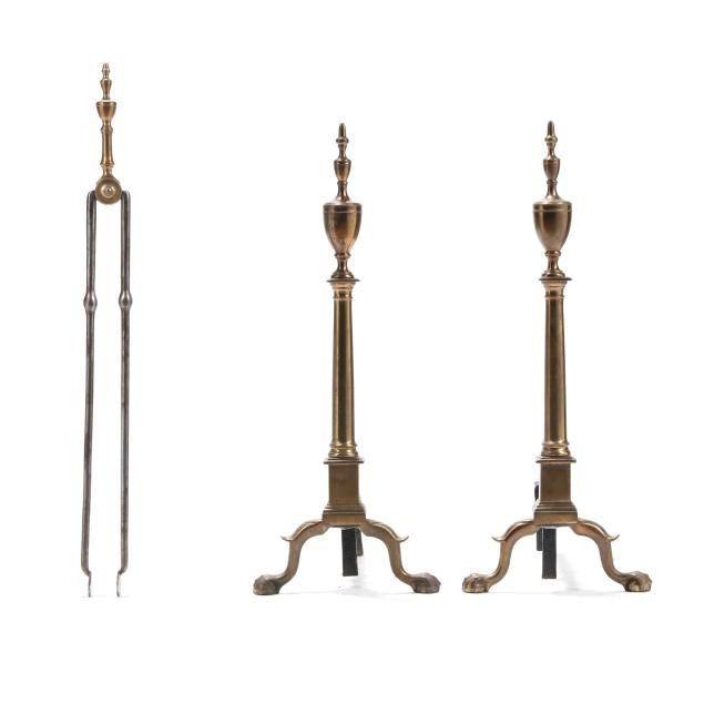 pair-of-federal-brass-andirons-and-fireplace-tongs