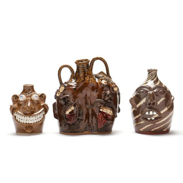 three-nc-folk-pottery-face-jugs