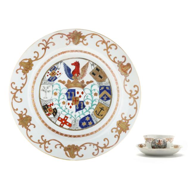 a-chinese-export-porcelain-charger-and-cup-with-saucer-arms-of-van-reverhorst-family