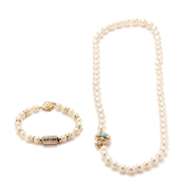 pearl-necklace-with-gold-and-gem-set-clasp-and-a-pearl-and-gold-bracelet