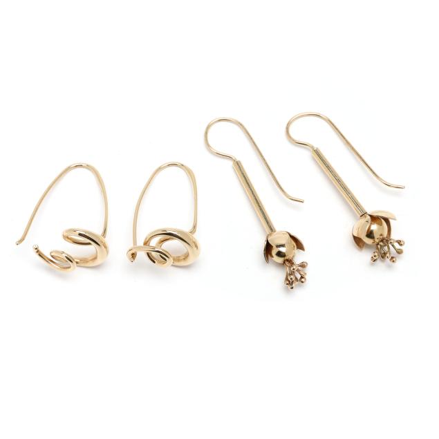 two-pairs-of-gold-modernist-drop-earrings