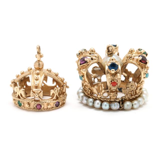 two-vintage-gold-and-gem-set-crown-motif-charms