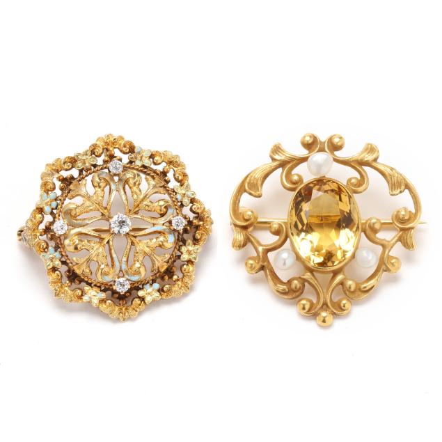 two-vintage-gold-and-gem-set-brooches