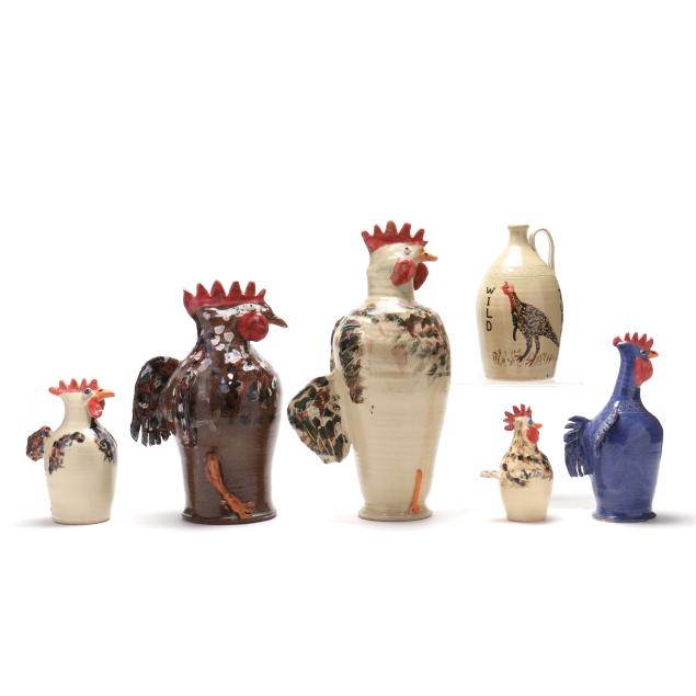 fred-beane-zanesville-ohio-and-seagrove-nc-five-folk-art-roosters-and-jug