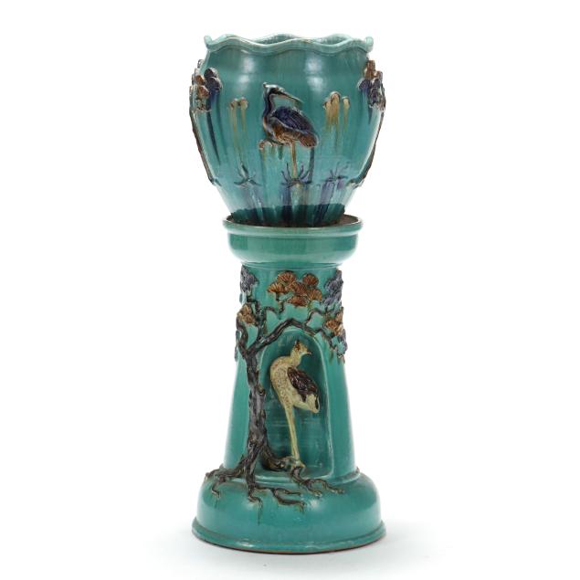 majolica-jardiniere-on-stand-with-exotic-bird-decoration