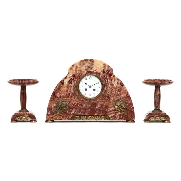 french-art-deco-pink-marble-three-piece-clock-garniture