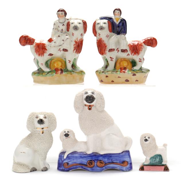 group-of-five-porcelain-staffordshire-dogs