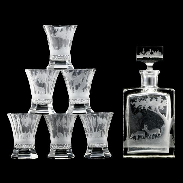 attributed-moser-huntsman-s-crystal-liquor-decanter-and-glasses