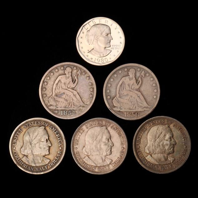 two-2-liberty-seated-half-dollars-with-three-3-columbian-halves