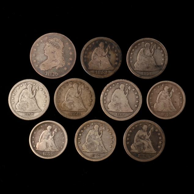 eight-8-19th-century-quarters-and-two-2-20-cent-pieces