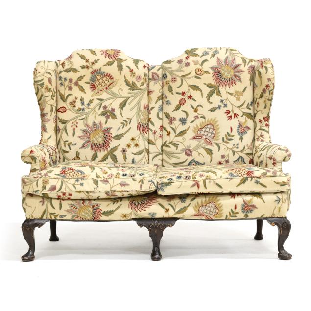 queen-anne-style-wing-back-settee-with-crewel-work-upholstery