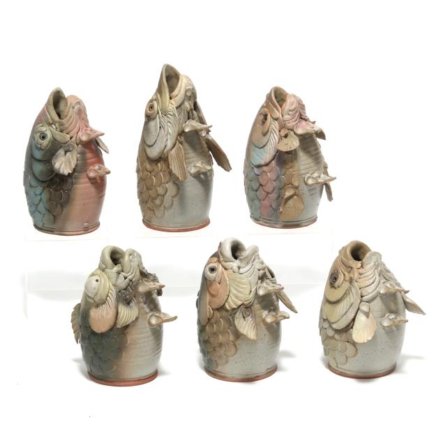 douglas-fey-six-whimsical-fish-head-pottery-bird-garglers