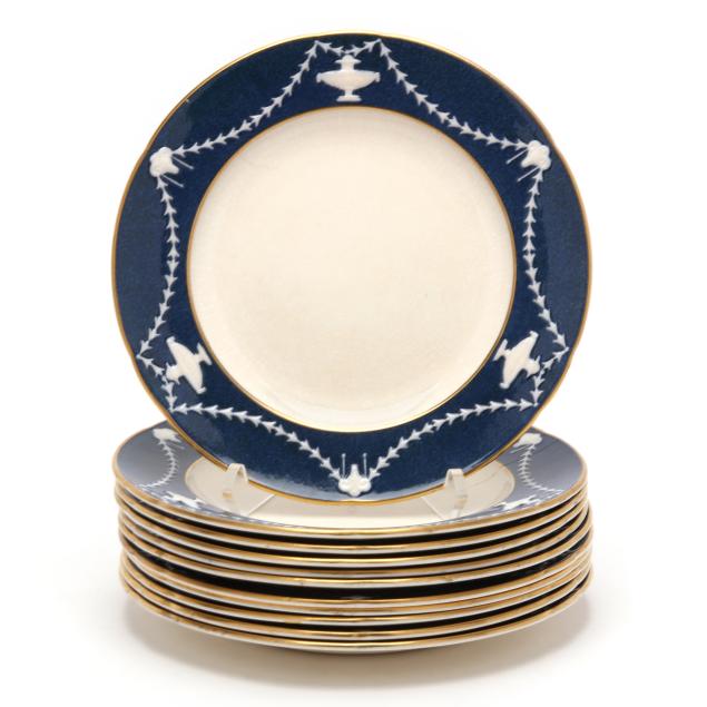 eleven-copeland-spode-s-imperial-blue-rimmed-luncheon-plates