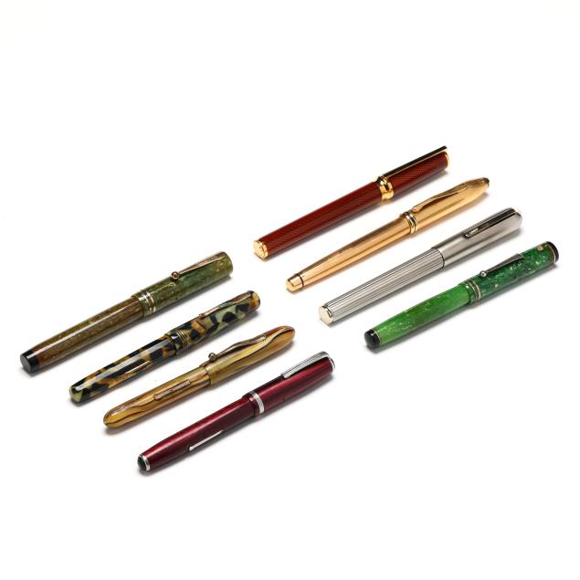 collection-of-eight-assorted-fountain-pens-with-display-case